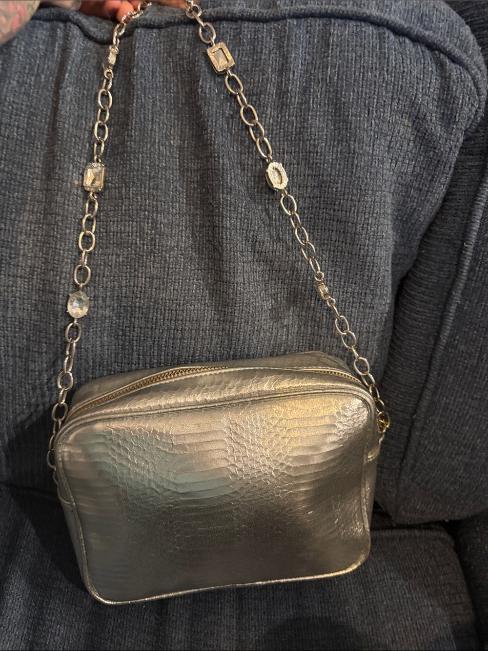 Victoria's Secret Metallic Silver Croc-Embossed Chain Crossbody - Picture 2 of 8